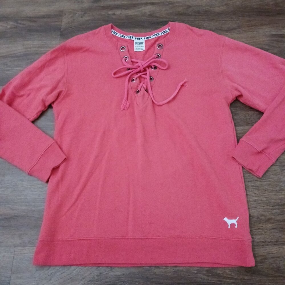 Victorias Secret PINK Lace-up Campus Crew Tunic Pullover‎ Pink Sz XS